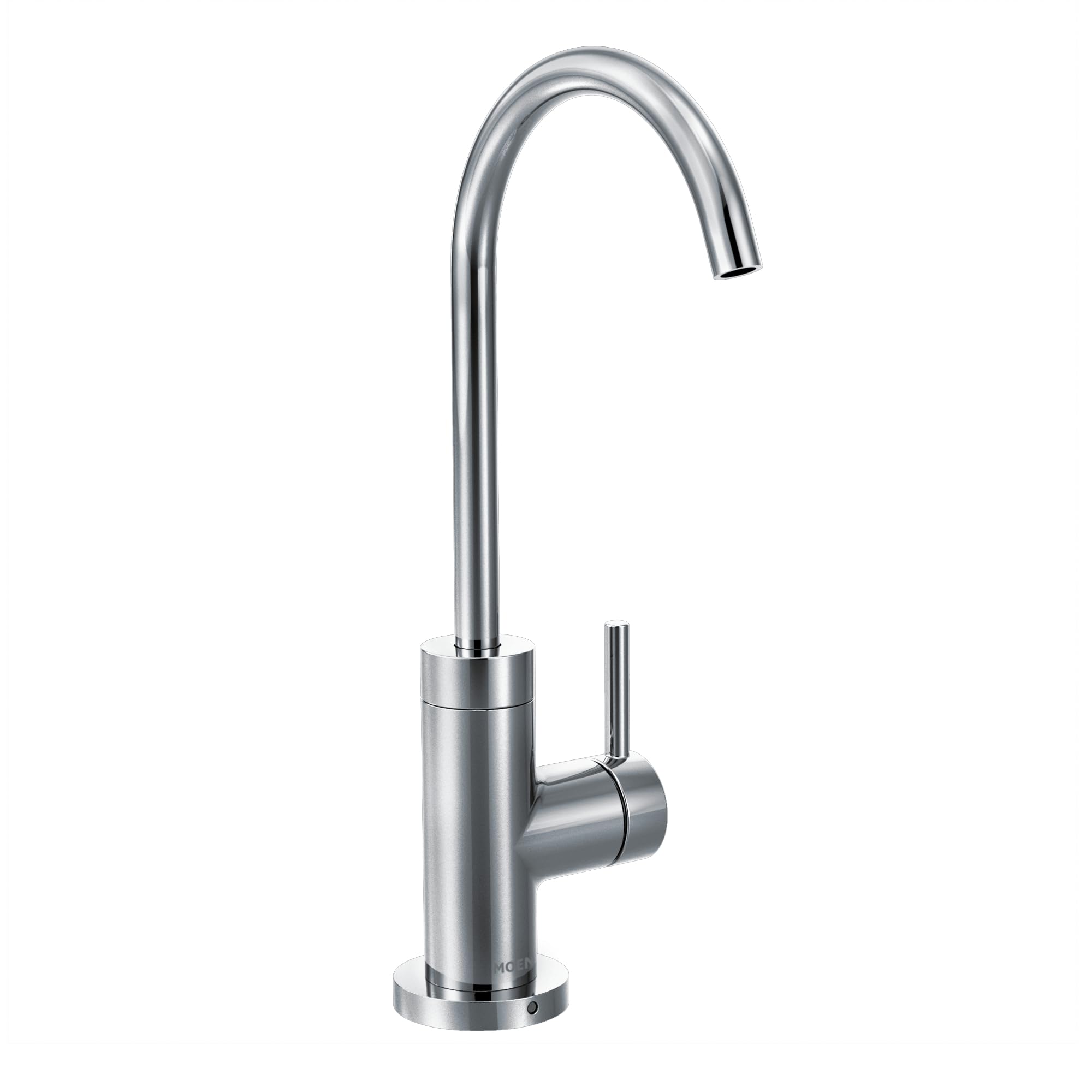 Chrome kitchen beverage faucet with curved spout and single side lever handle.