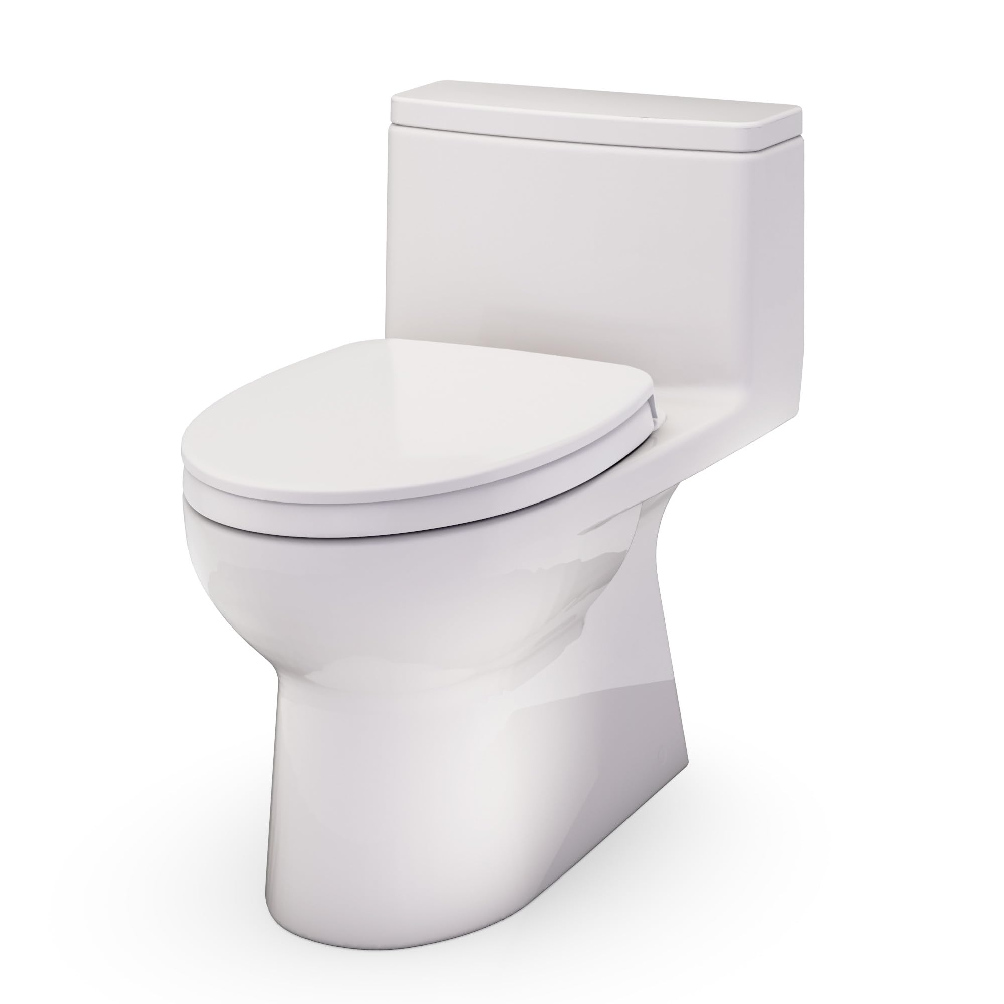 Sedona beige one-piece elongated toilet with closed seat and tank lid shown from front-right angle.