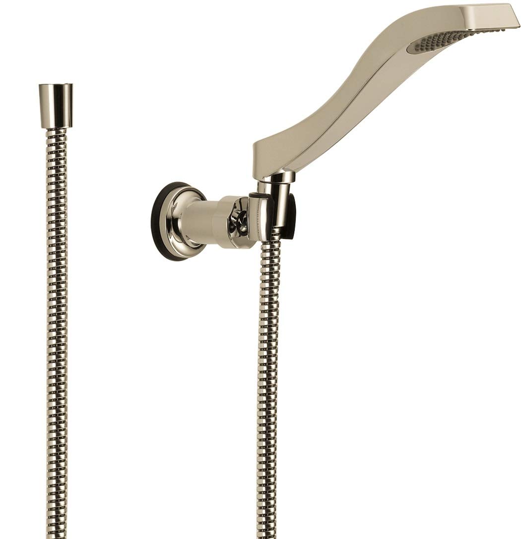 Chrome wall-mount hand shower with curved head, flexible hose, and round mounting bracket in brushed nickel finish.