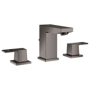 Dark gray widespread bathroom faucet with two handles and a center spout featuring a curved outlet.