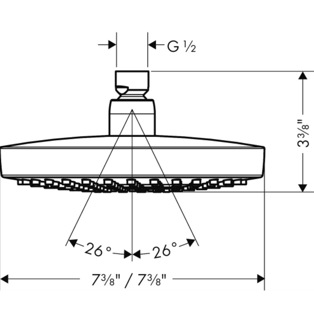 Chrome round shower head with two-jet spray pattern and adjustable spray angles, technical diagram with dimensions.