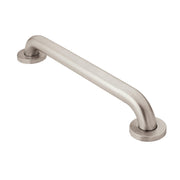 Brushed nickel curved grab bar with concealed mounting flanges at each end.