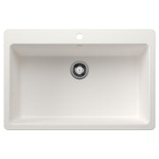 White single bowl kitchen sink with drain strainer and faucet hole, top mount design.