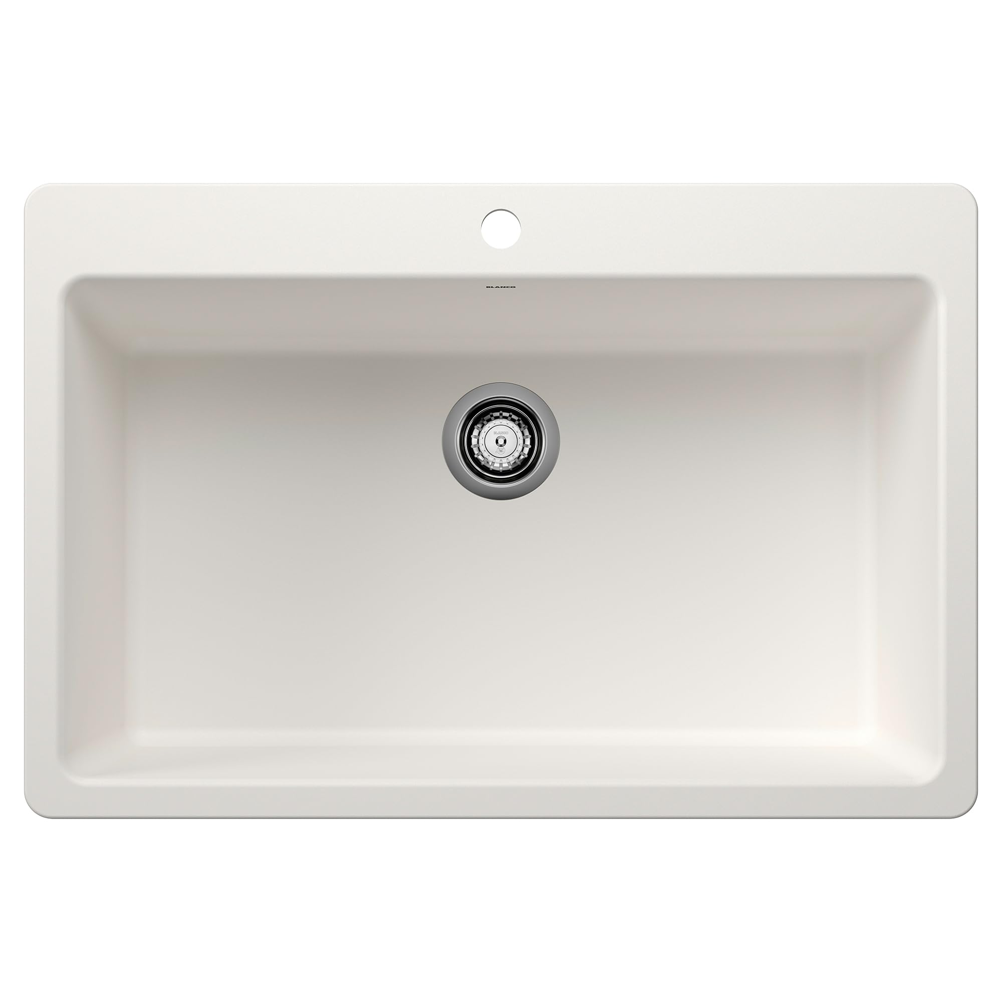 White single bowl kitchen sink with drain strainer and faucet hole, top mount design.