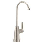 Stainless steel drinking water faucet with curved gooseneck spout and single lever handle.
