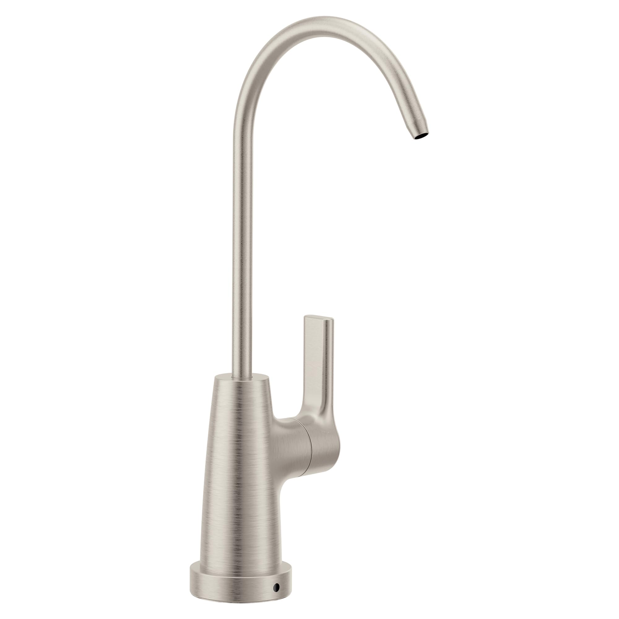 Stainless steel drinking water faucet with curved gooseneck spout and single lever handle.