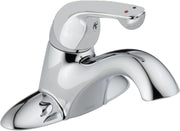 Chrome single-handle centerset bathroom faucet with curved spout and lever control, no pop-up drain.