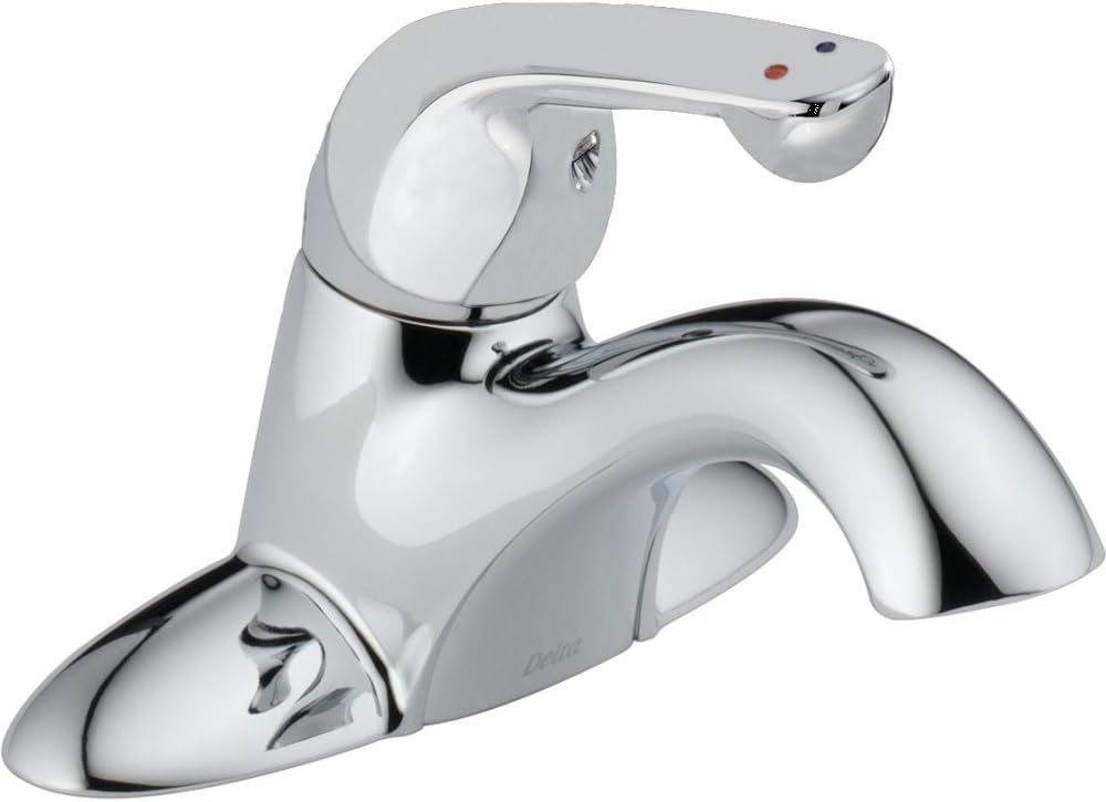 Chrome single-handle centerset bathroom faucet with curved spout and lever control, no pop-up drain.