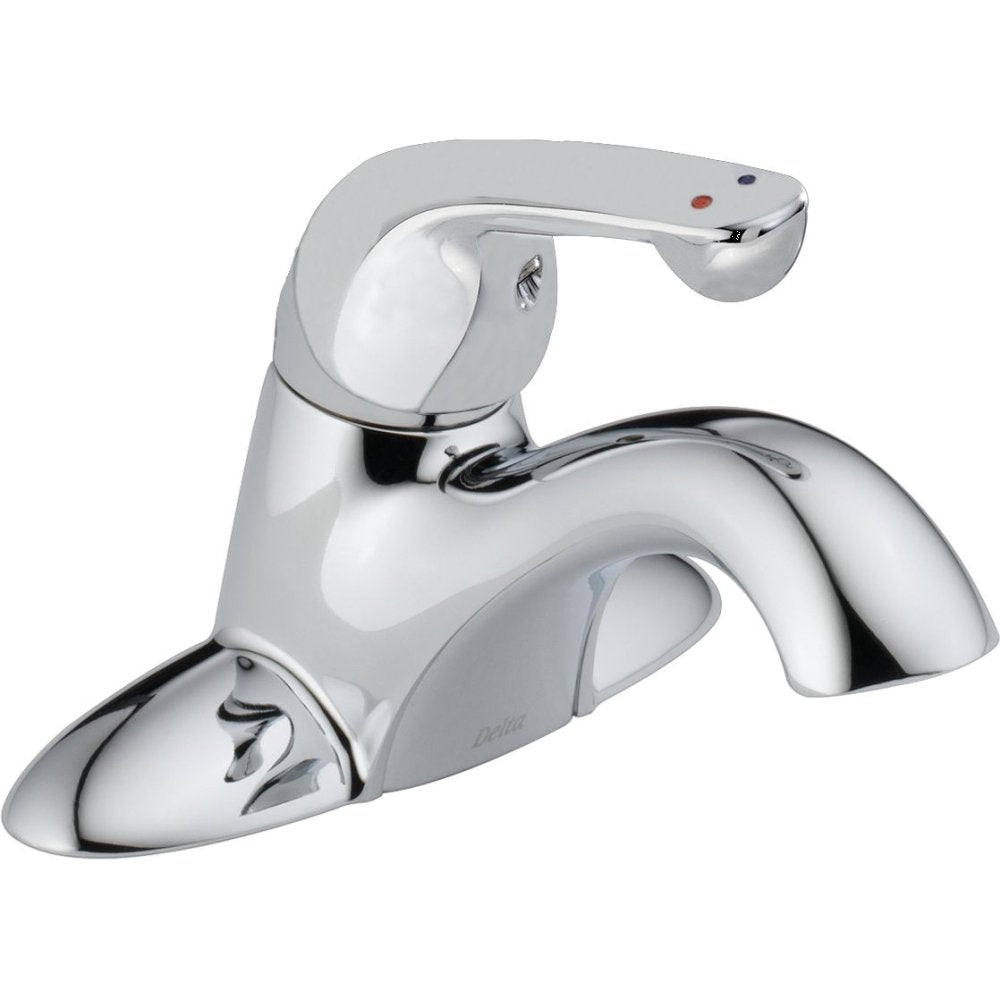 Chrome single handle lavatory faucet with curved spout and lever control, no pop-up drain.
