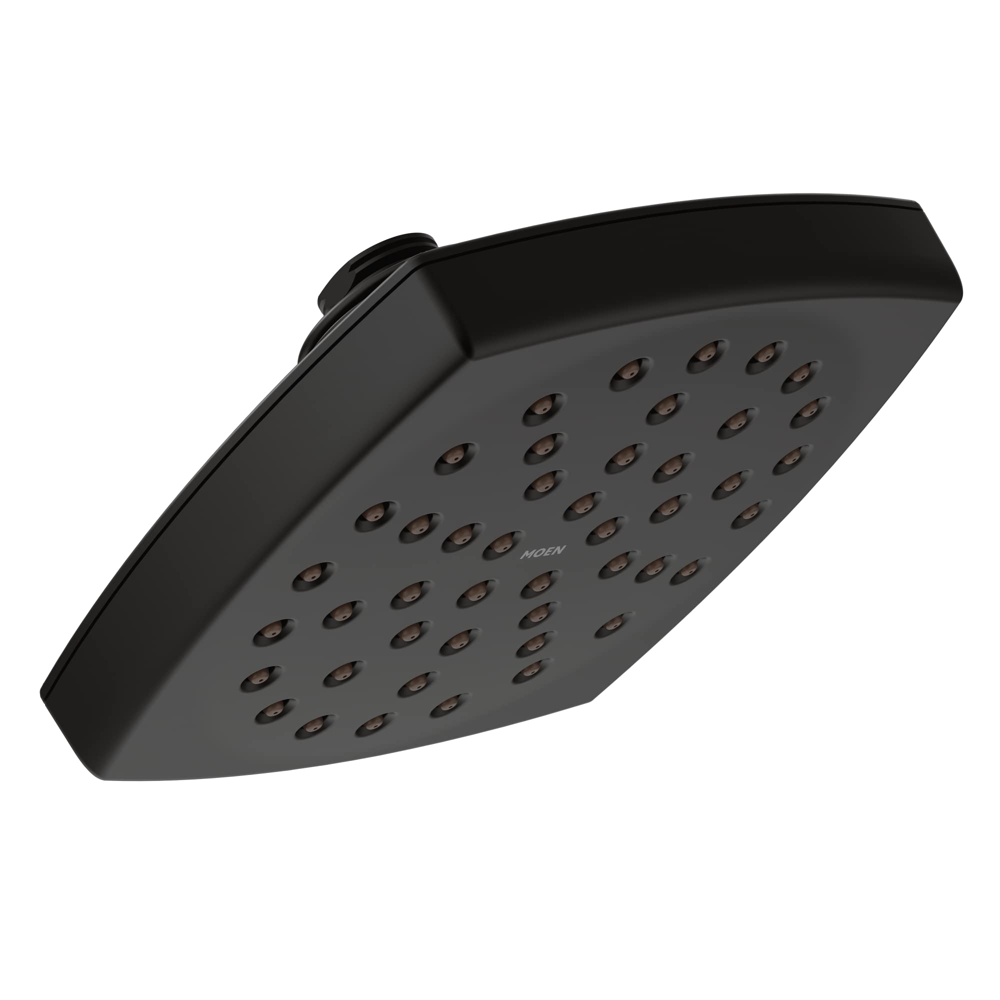 Matte black square rainshower showerhead with multiple spray holes and a curved mounting arm.