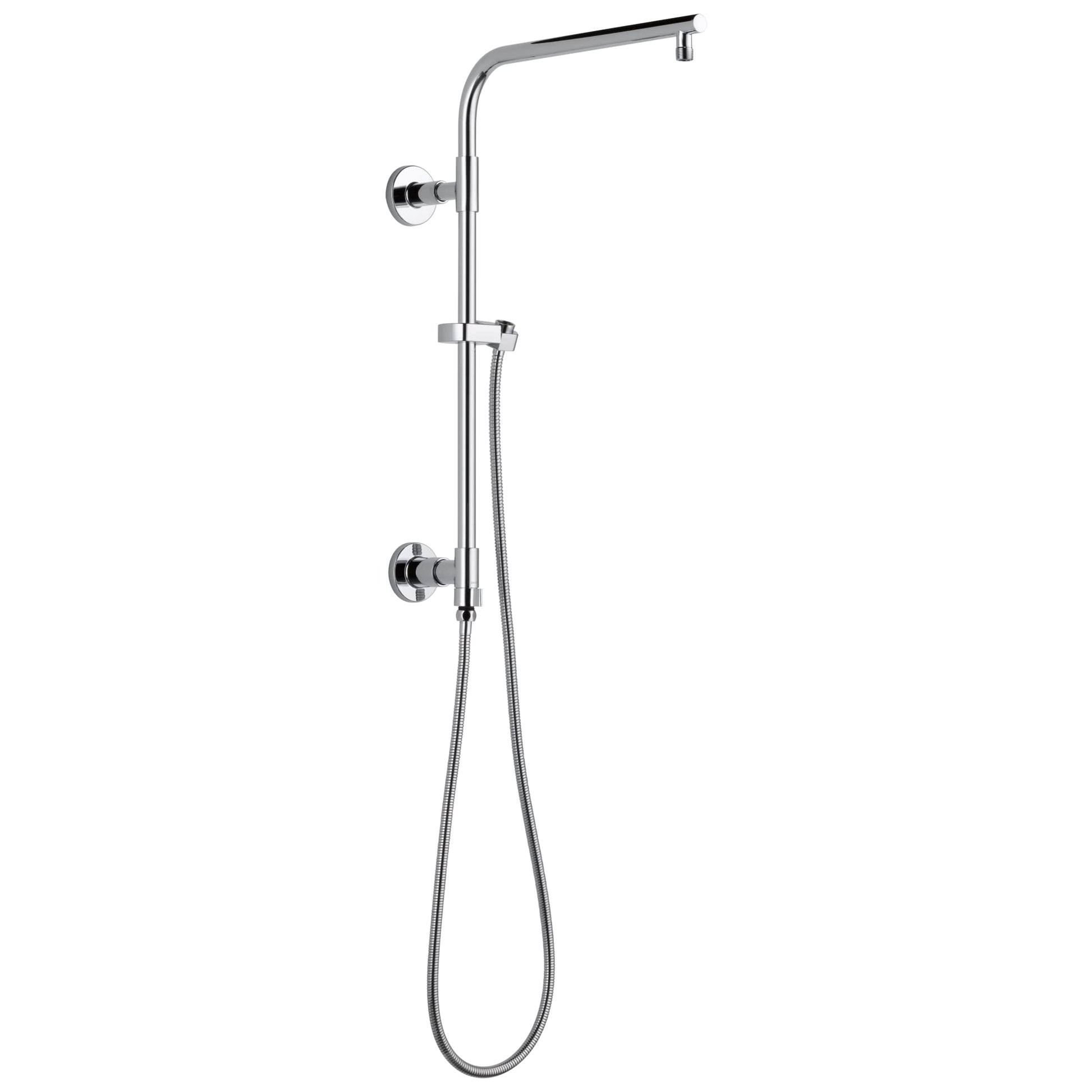 Chrome shower column with overhead rain head, angled arm, handheld wand, and wall-mounted controls.