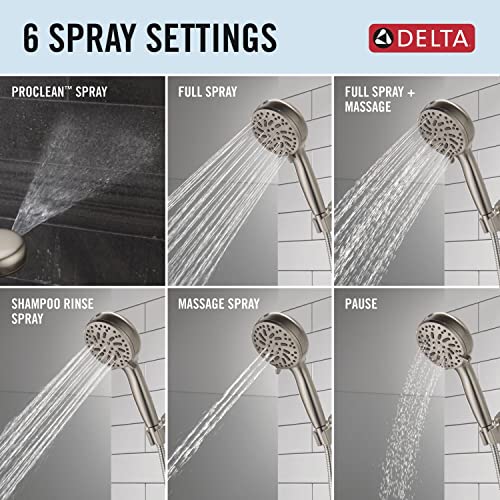 Brushed nickel hand shower displaying six spray settings: ProClean, Full Spray, Full Spray plus Massage, Shampoo Rinse, Massa