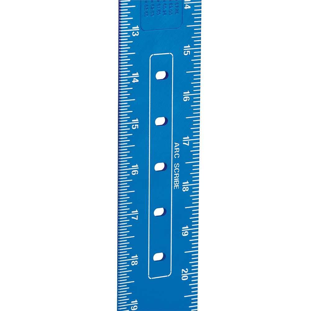 Blue framing square with white measurement markings along both edges and center level bubble.