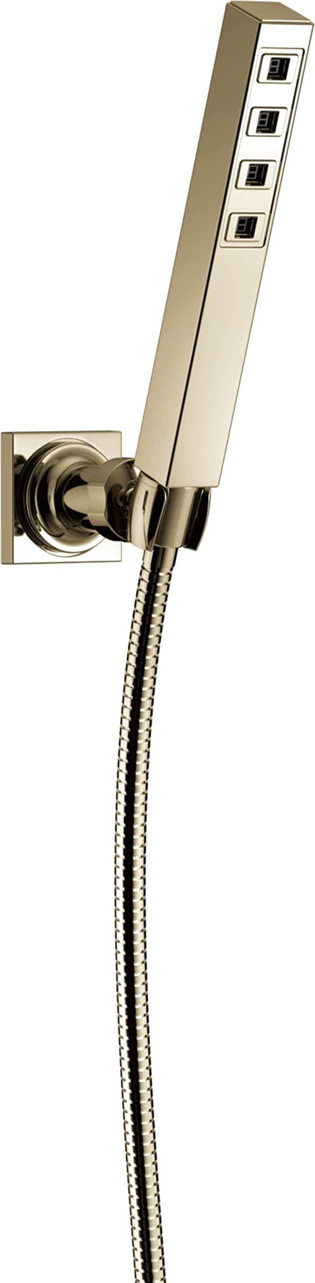 Square brass hand shower with wall mount bracket and flexible hose, featuring four button controls on vertical panel.