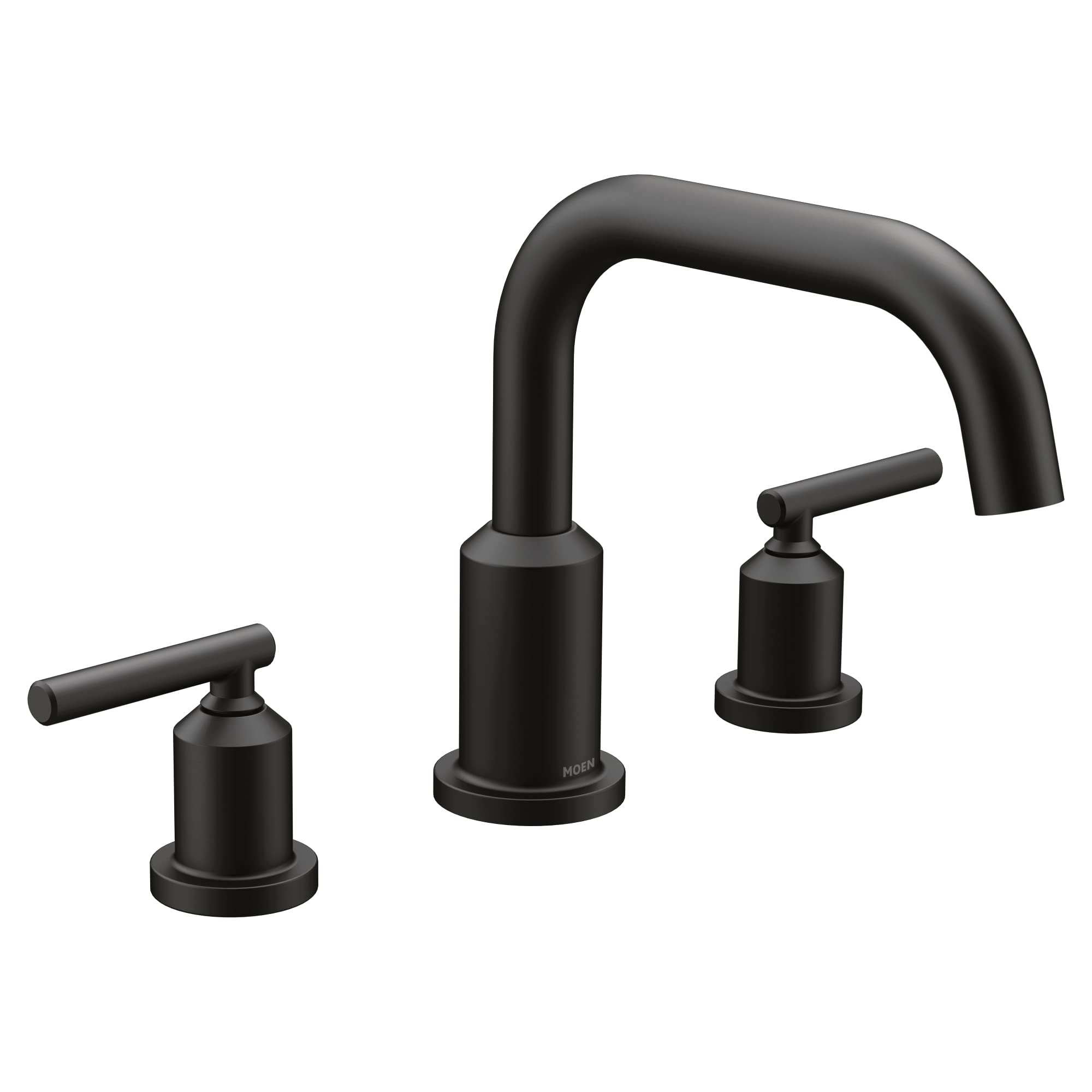 Matte black two-handle roman tub faucet with curved spout and lever handles on round bases.