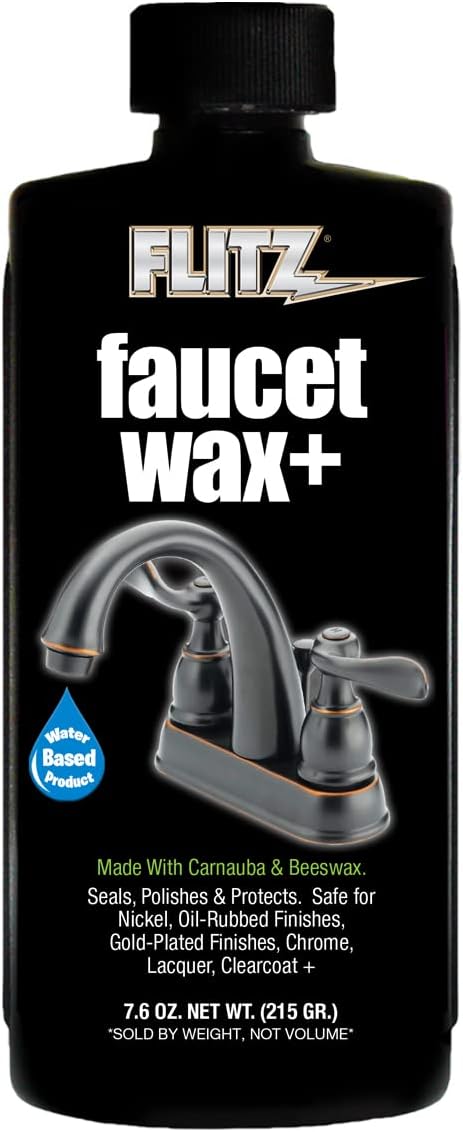 Black bottle of Flitz Faucet Wax+ with chrome faucet image and product details on label.