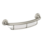 Brushed nickel grab bar with curved handle and clear glass shelf mounted between two circular wall plates.