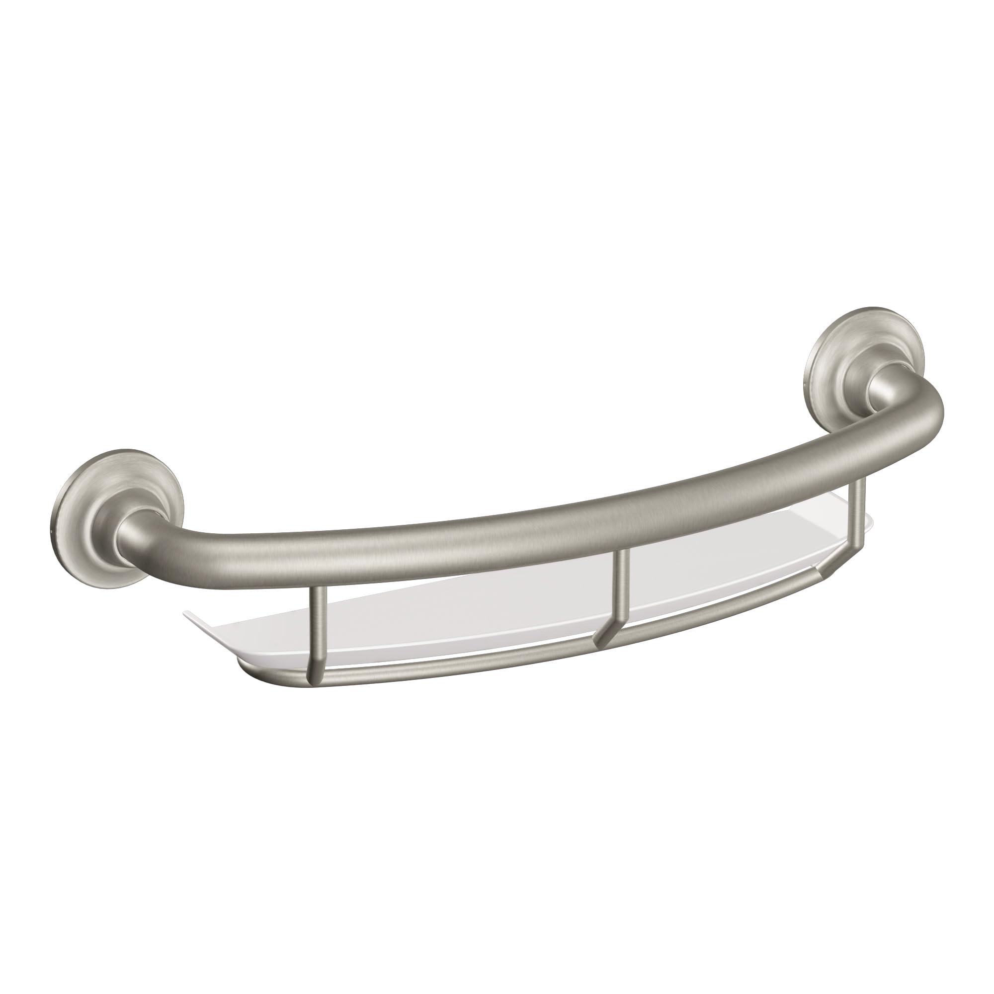 Brushed nickel grab bar with curved handle and clear glass shelf mounted between two circular wall plates.
