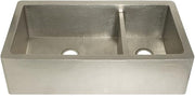 Brushed nickel farmhouse double-bowl kitchen sink with hammered texture and apron front design.