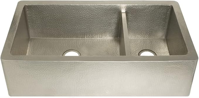 Brushed nickel farmhouse double-bowl kitchen sink with hammered texture and apron front design.