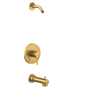 Brushed gold tub and shower trim kit with single handle valve, wall-mounted showerhead, and tub spout.