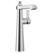 Chrome single-handle vessel sink faucet with curved spout and tall tapered body.