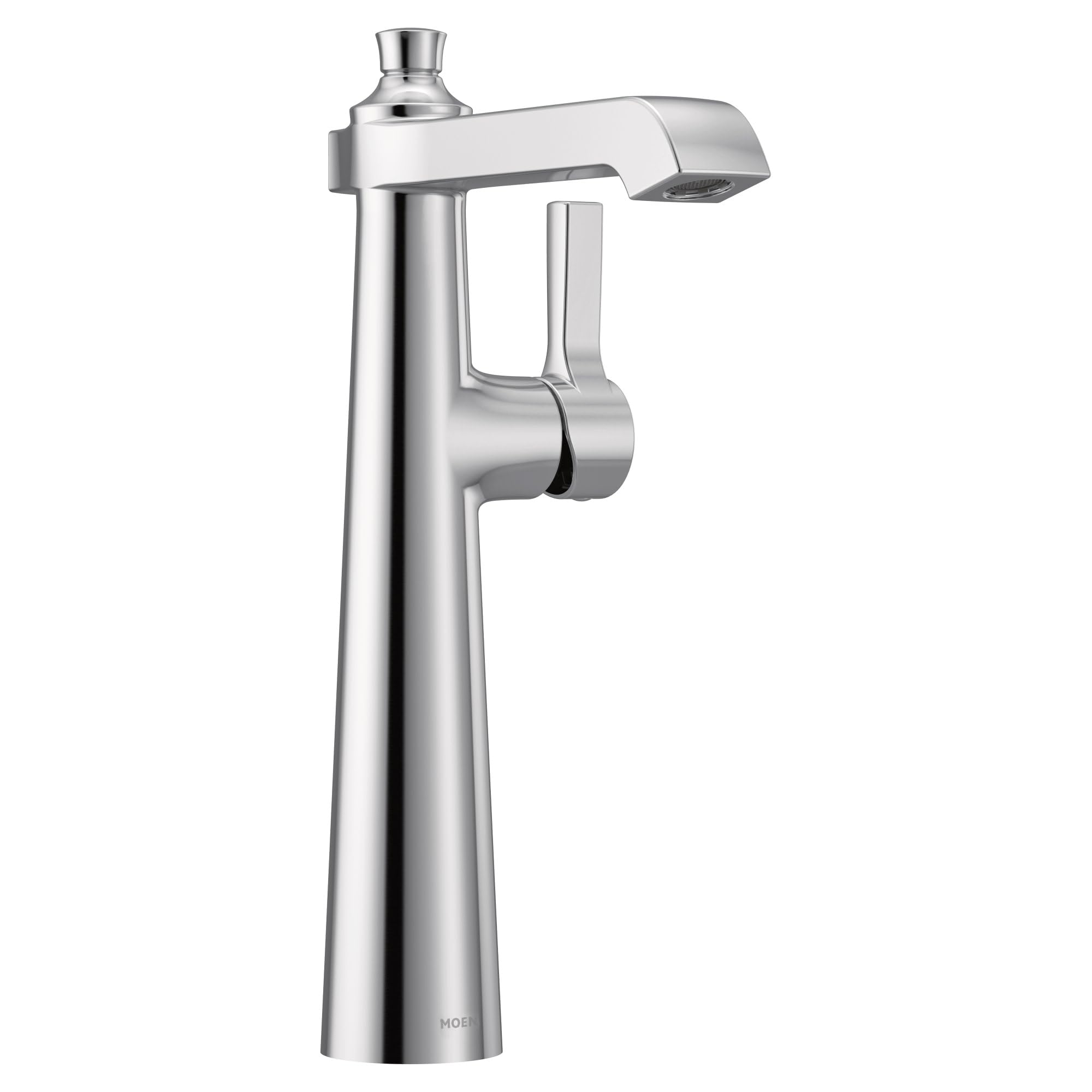 Chrome single-handle vessel sink faucet with curved spout and tall tapered body.