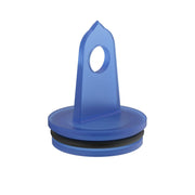 Blue diverter flush plug and test cap with round base and oval opening on upper stem.