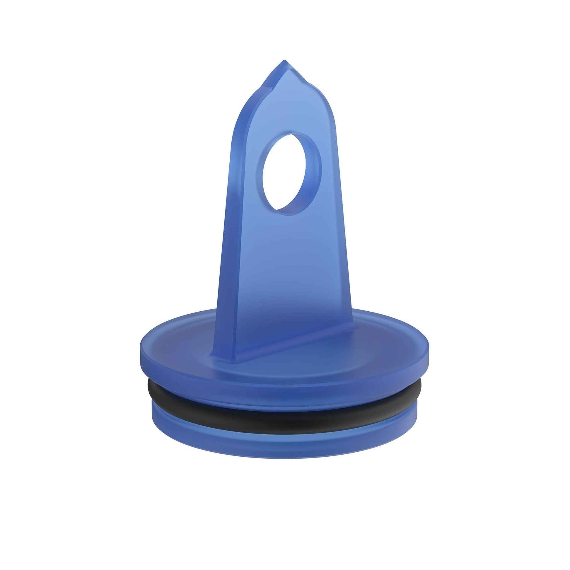 Blue diverter flush plug and test cap with round base and oval opening on upper stem.