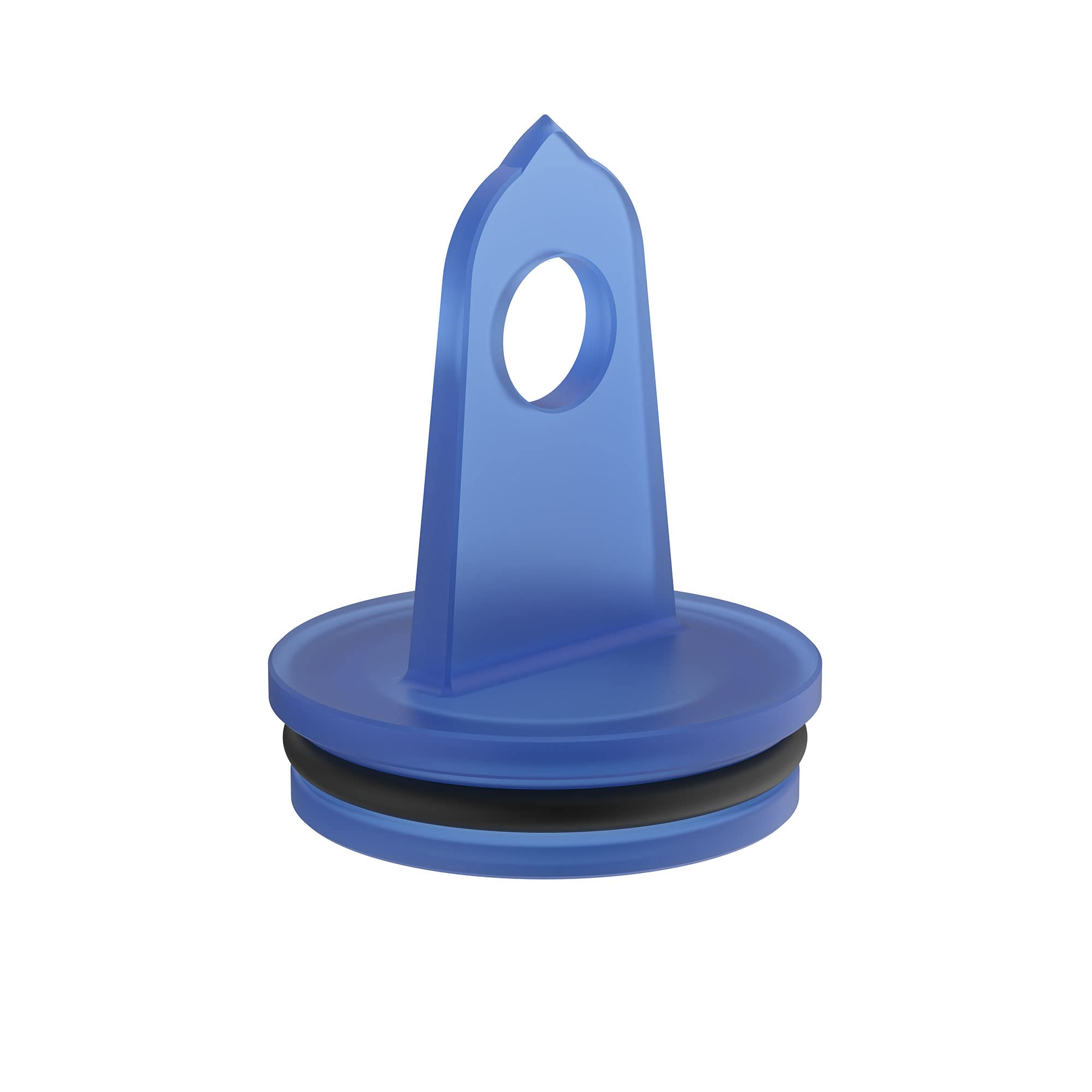 Blue diverter flush plug and test cap with round base and oval opening on upper stem.