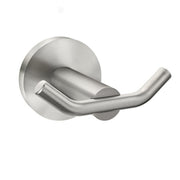 Brushed nickel double robe hook with two curved arms extending from a circular wall-mounted base.