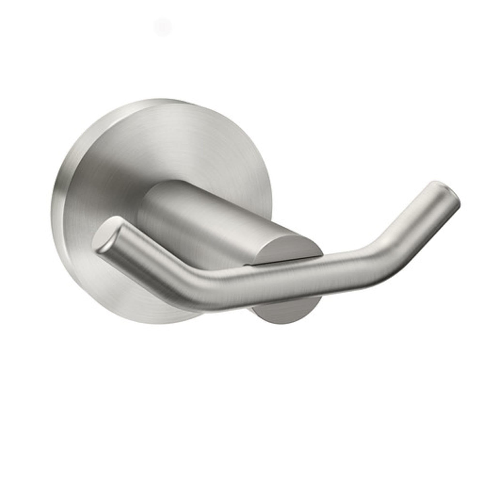 Brushed nickel double robe hook with two curved arms extending from a circular wall-mounted base.