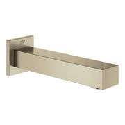 Brushed nickel rectangular tub spout with wall-mounted square flange and horizontal outlet.