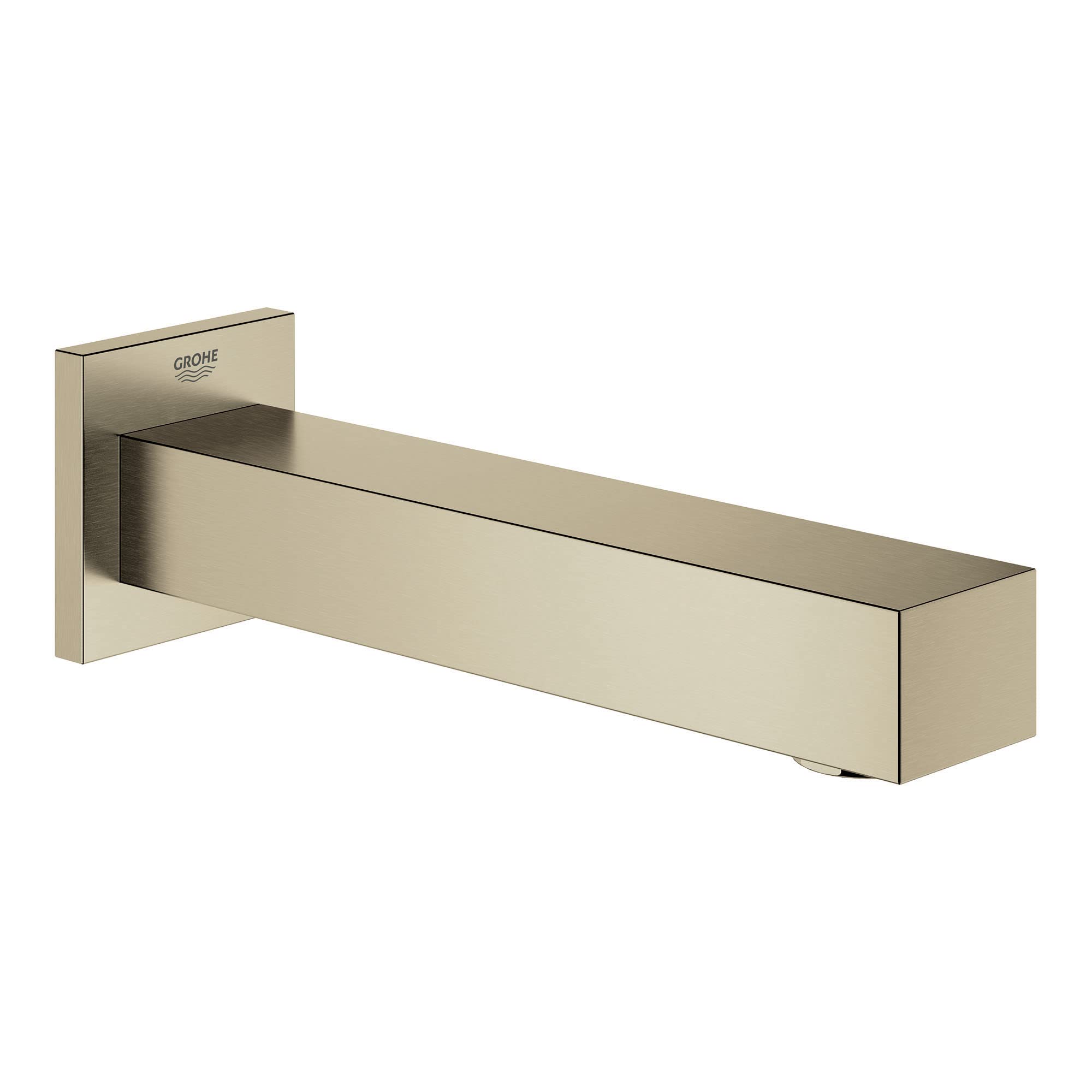 Brushed nickel rectangular tub spout with wall-mounted square flange and horizontal outlet.
