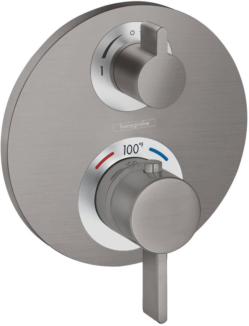 Brushed black chrome thermostatic shower valve trim with upper volume control lever and lower temperature dial marked to 100°