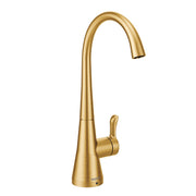 Brushed gold kitchen beverage faucet with curved spout and single lever handle.