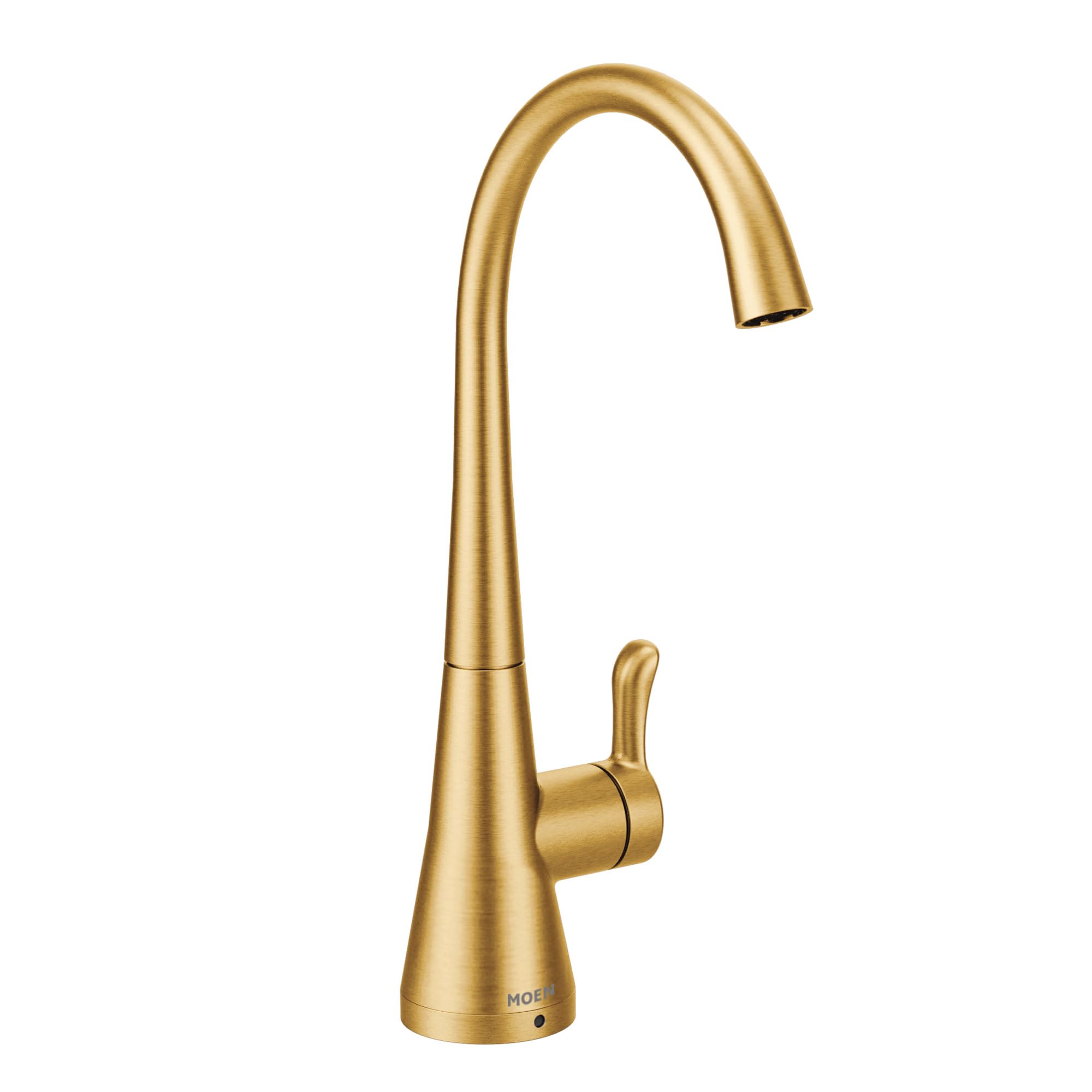 Brushed gold kitchen beverage faucet with curved spout and single lever handle.