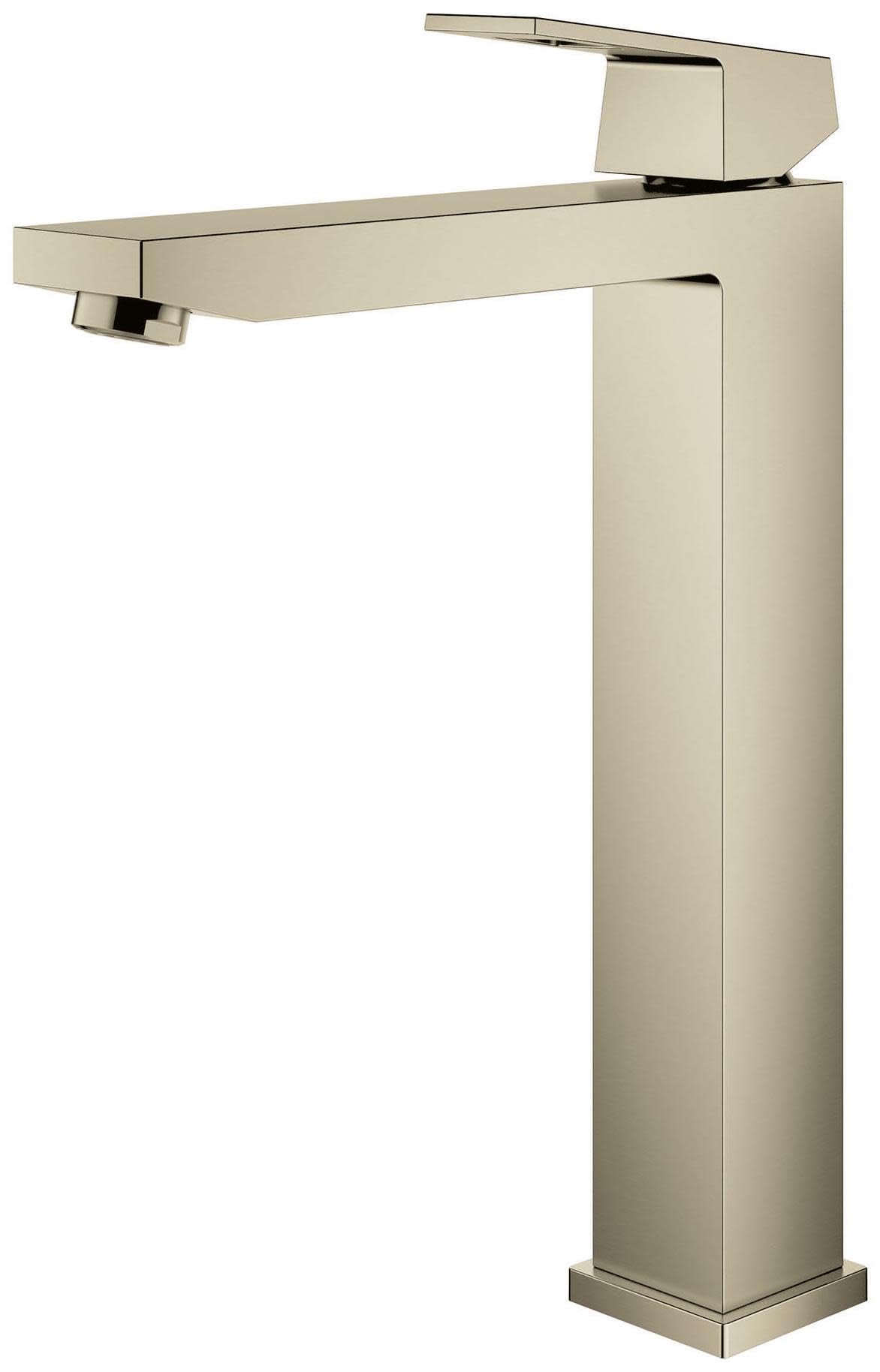 Grohe Eurocube single-handle vessel sink faucet in brushed nickel with tall square spout and matching handle.