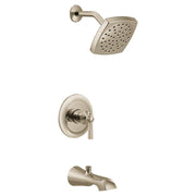 Polished nickel tub and shower trim with single lever handle, showerhead, and tub spout.