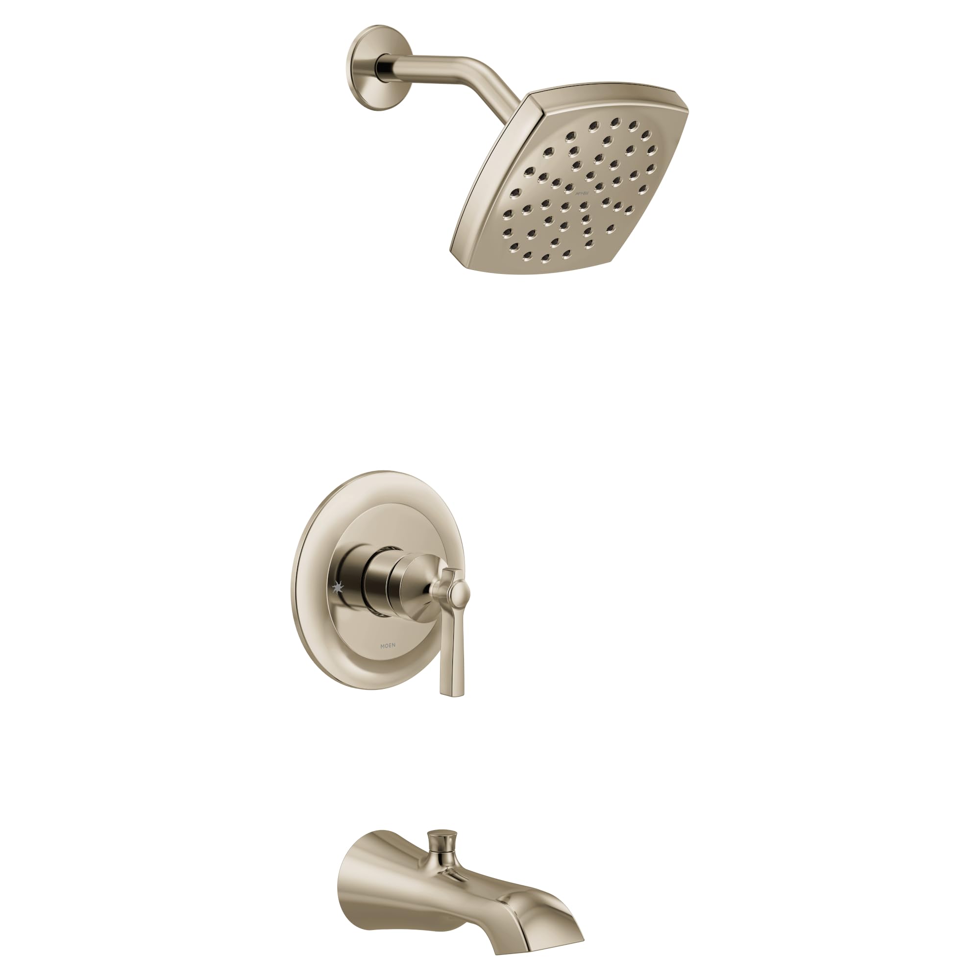 Polished nickel tub and shower trim with single lever handle, showerhead, and tub spout.