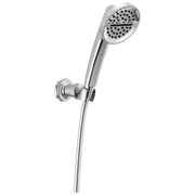 Chrome wall-mount handshower with round perforated head, flexible hose, and adjustable bracket with control lever.