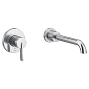 Chrome wall-mount tub faucet with single lever handle and curved spout.