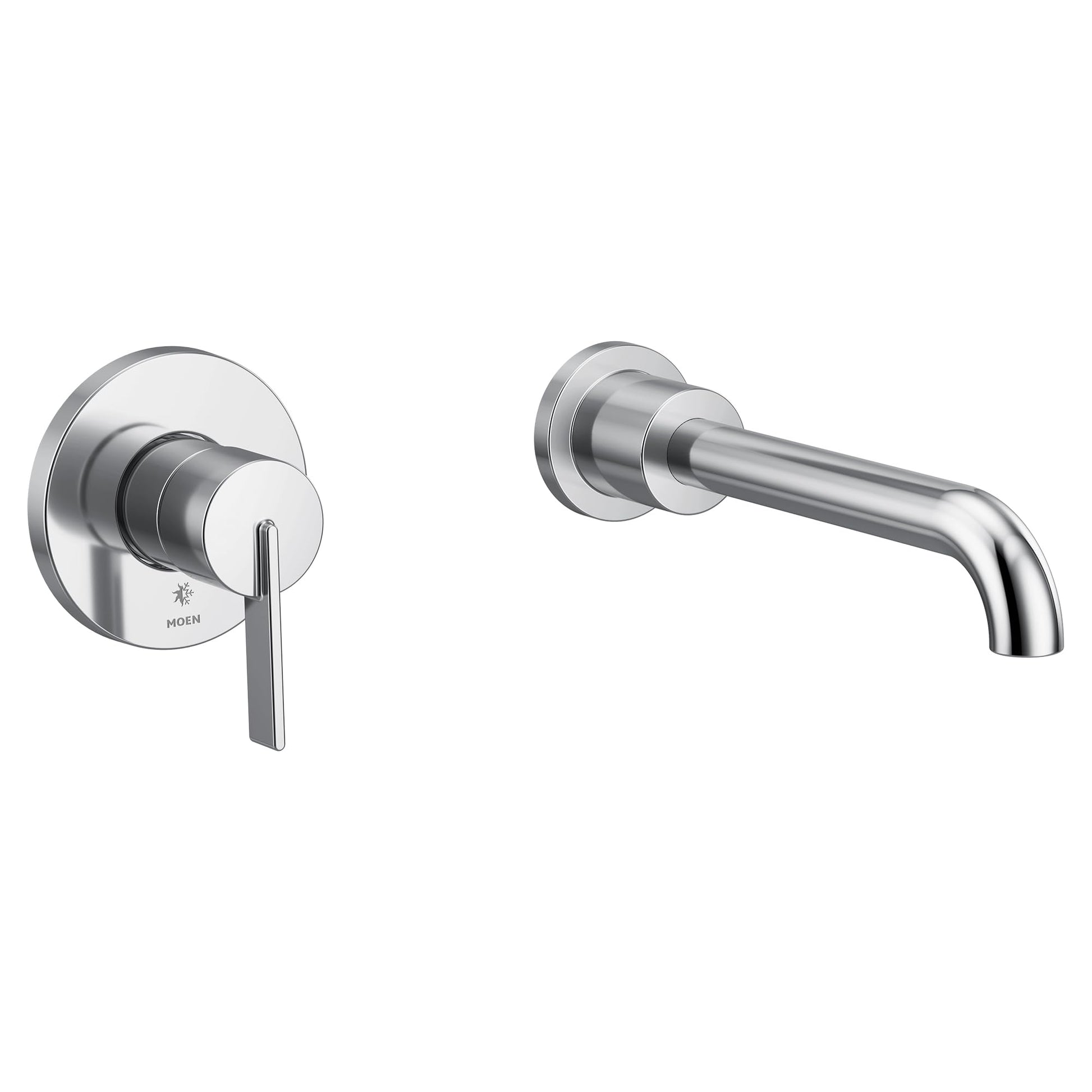 Chrome wall-mount tub faucet with single lever handle and curved spout.