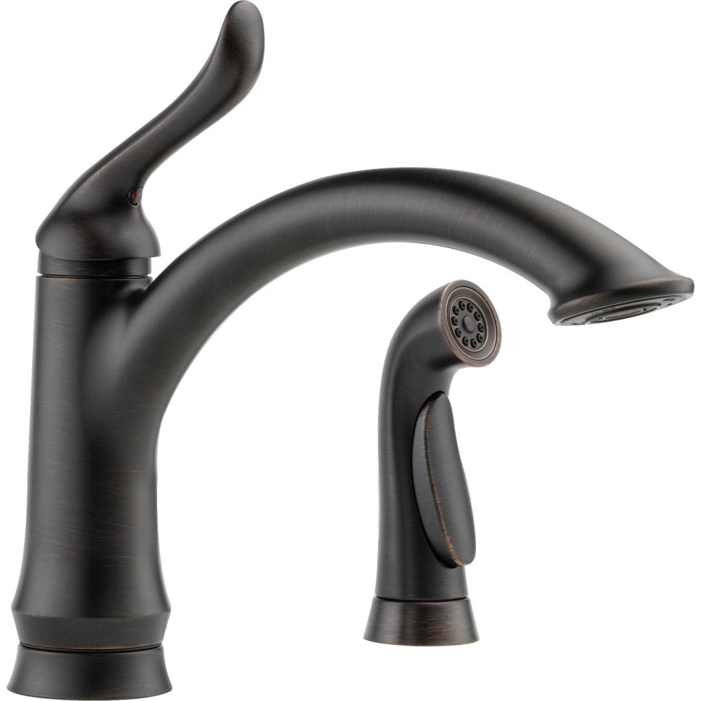 Black single-handle kitchen faucet with curved spout and detachable spray head on white background.