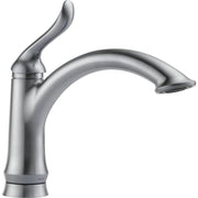Stainless steel single handle kitchen faucet with curved spout and lever handle in brushed finish.