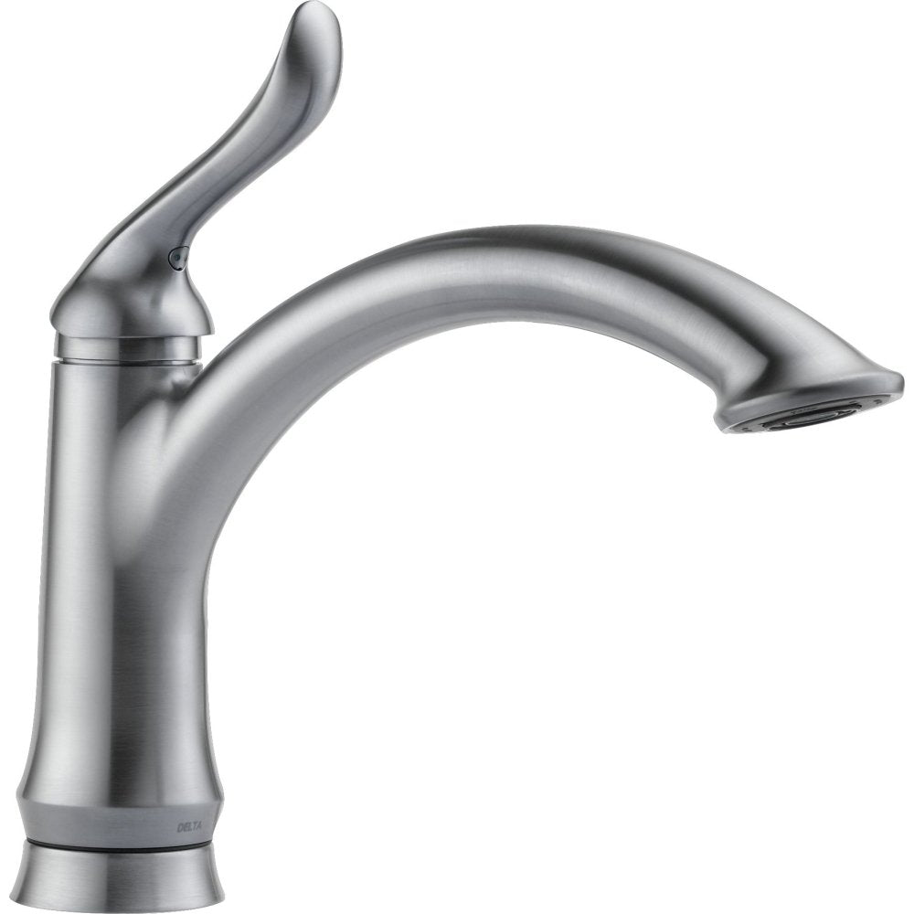 Stainless steel single handle kitchen faucet with curved spout and lever handle in brushed finish.
