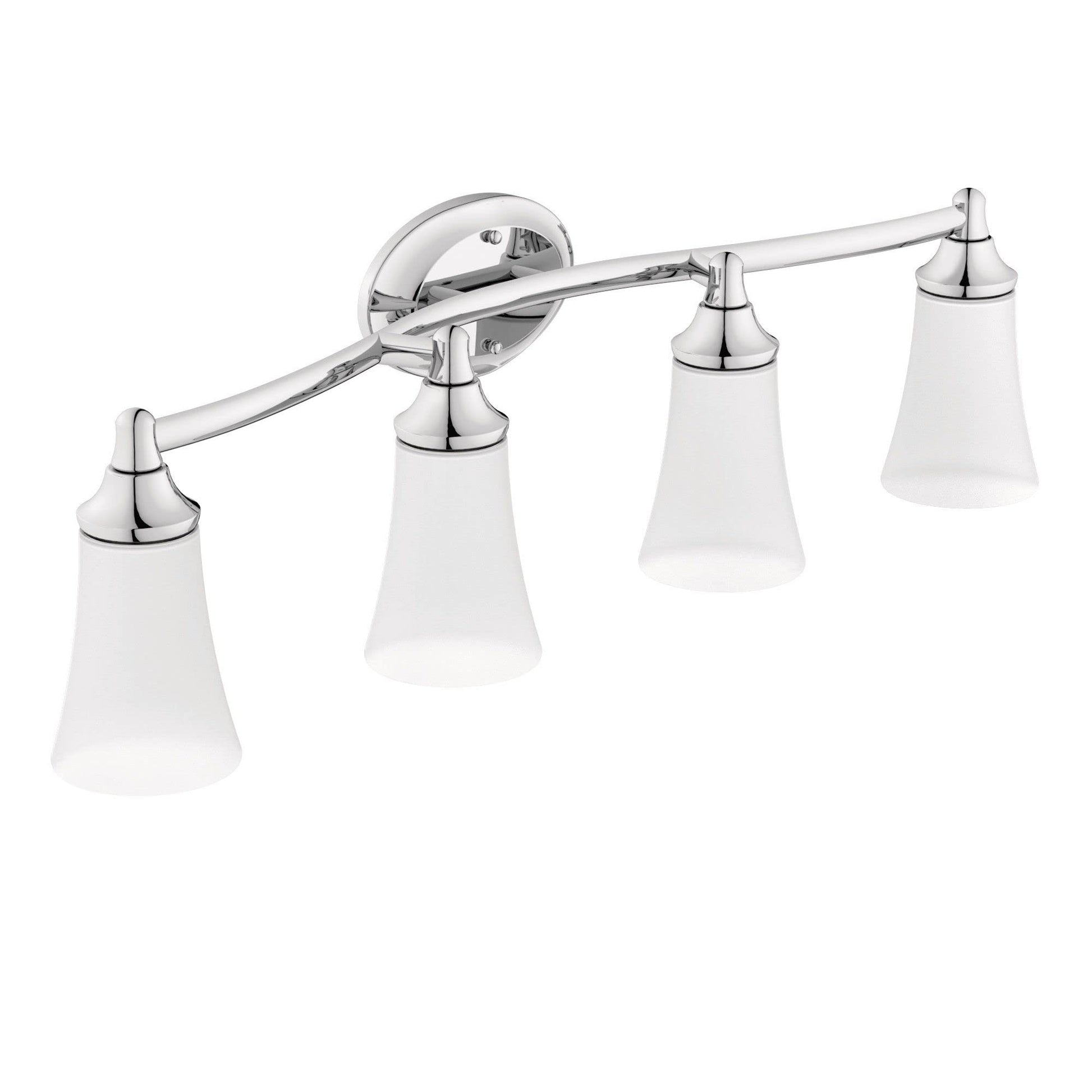 Chrome bathroom vanity fixture with four frosted glass shades mounted horizontally on curved arms.