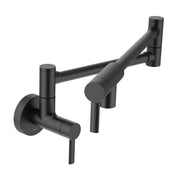 Matte black wall-mounted pot filler faucet with double-jointed swing arm and lever handle.