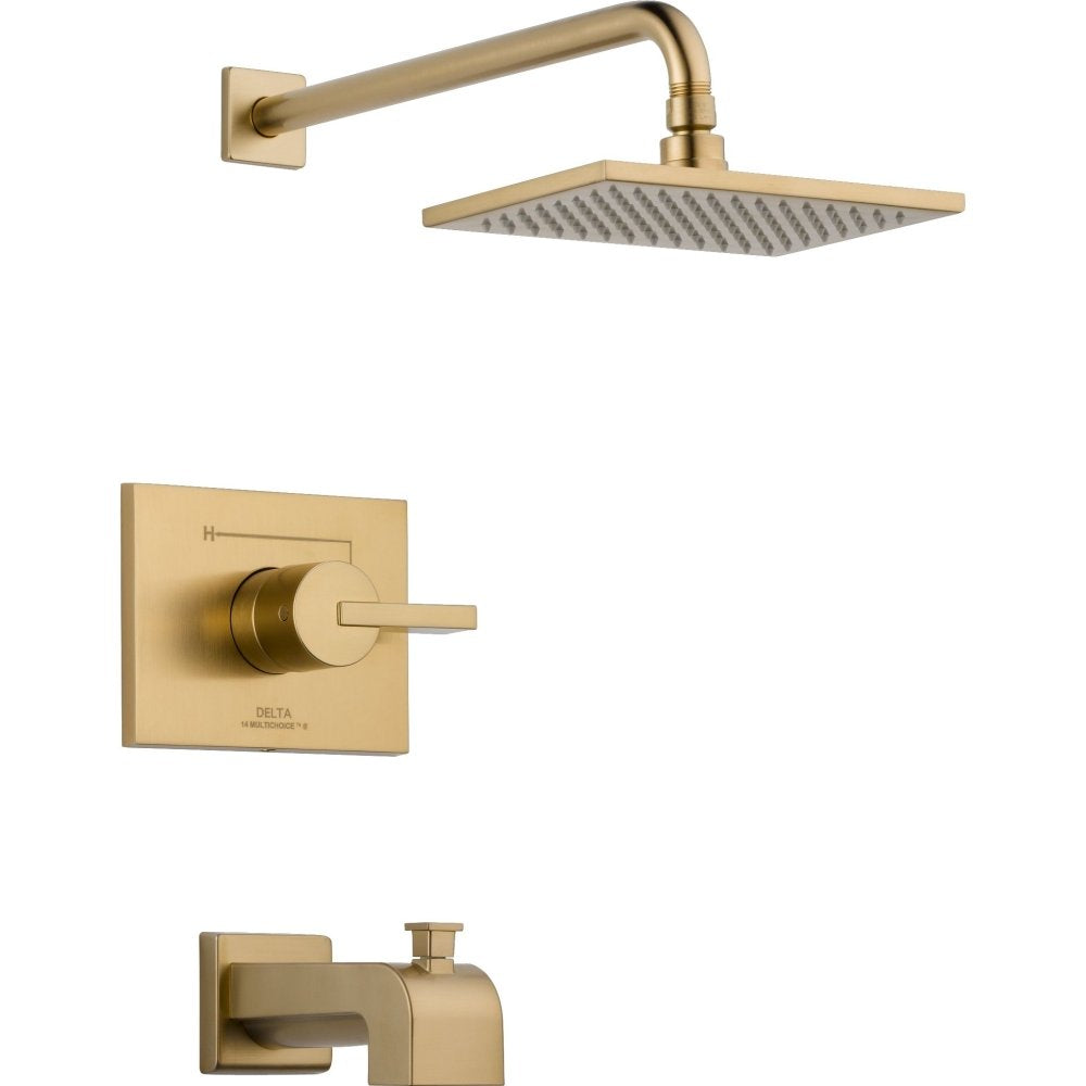 Champagne bronze tub and shower trim with square showerhead, wall-mounted arm, control lever, and tub spout.