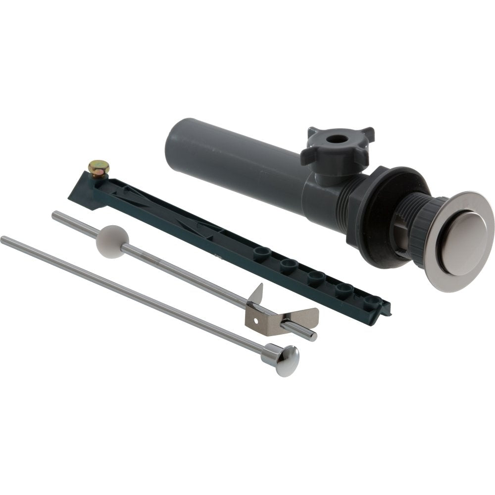 Chrome finish drain assembly with black cylindrical body, chrome drain cover, and metal mounting components displayed separat